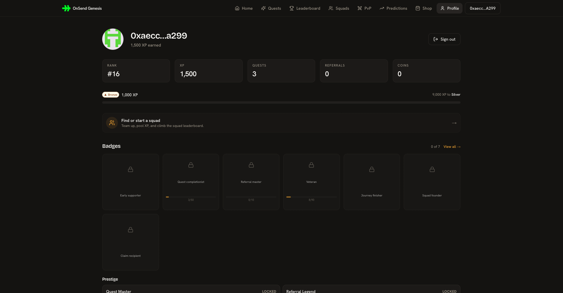 A member profile — XP, coins, rank, and badges each tracked separately.