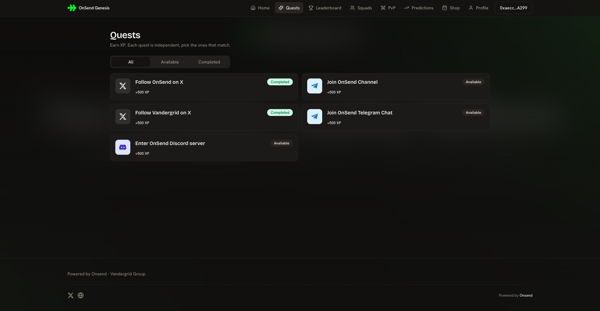 The quests interface, where members complete tasks to earn XP and coins.