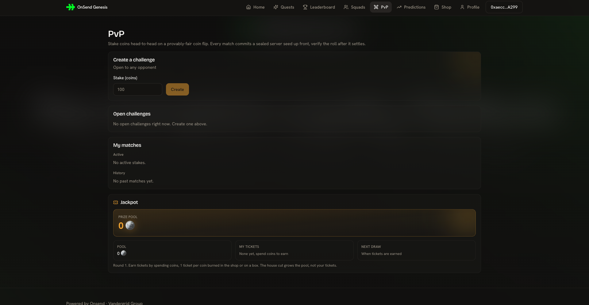 The PvP arena, where members stake coins head-to-head on a provably-fair coin flip.