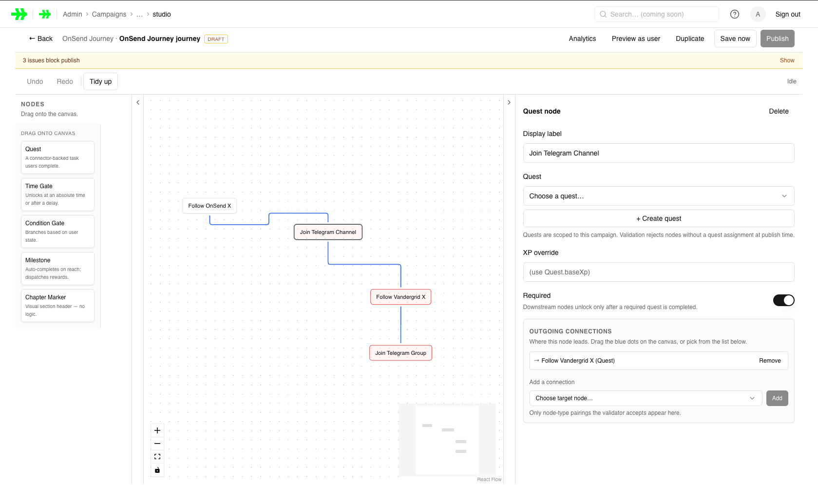 The OnSend visual campaign builder — designing a branching, multi-step quest journey on a live canvas.