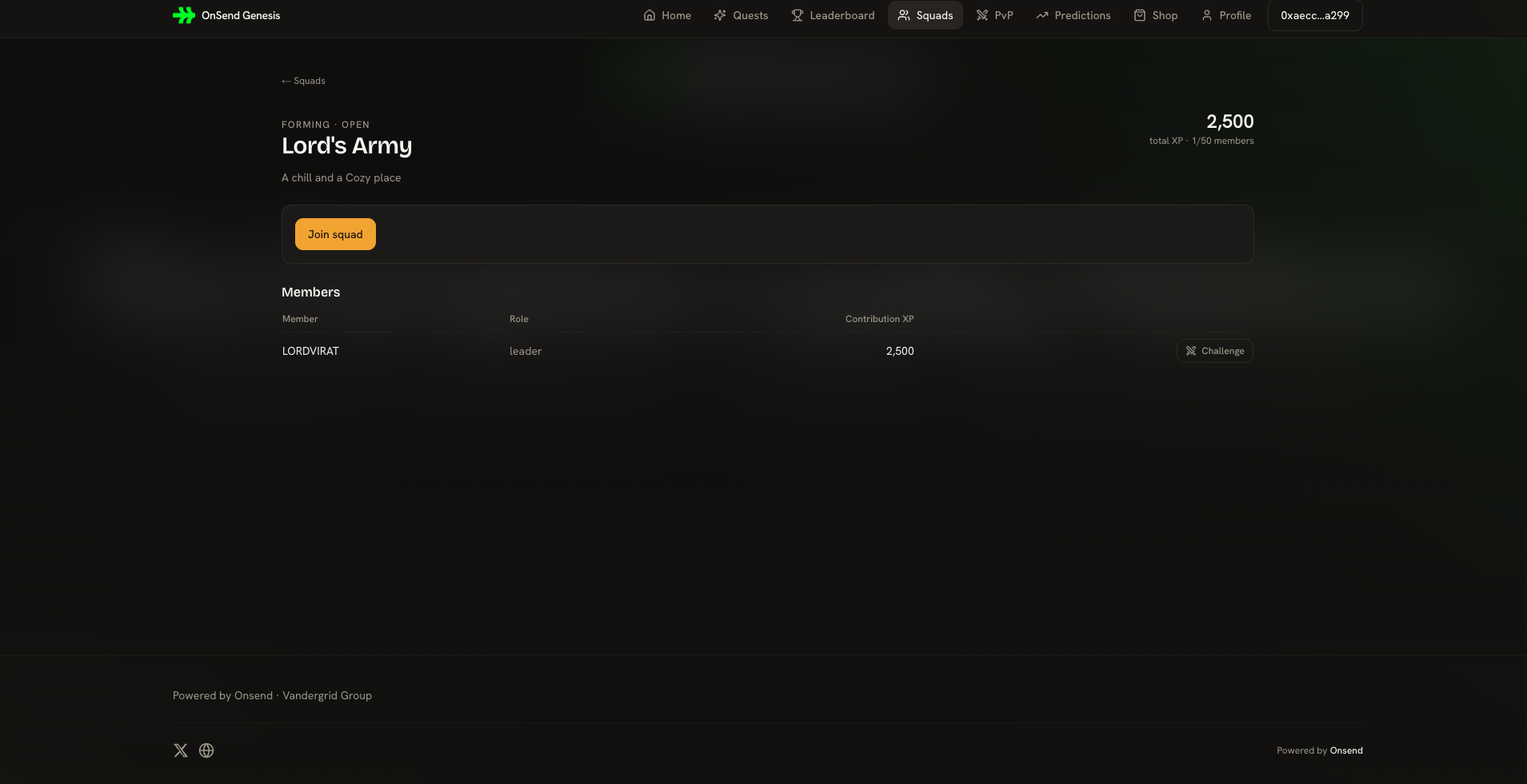 A squad page showing pooled member XP on the squad leaderboard.
