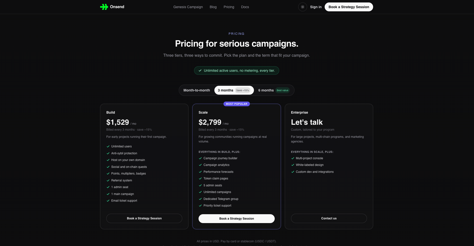The OnSend pricing page — three tiers with unlimited active users on every plan.